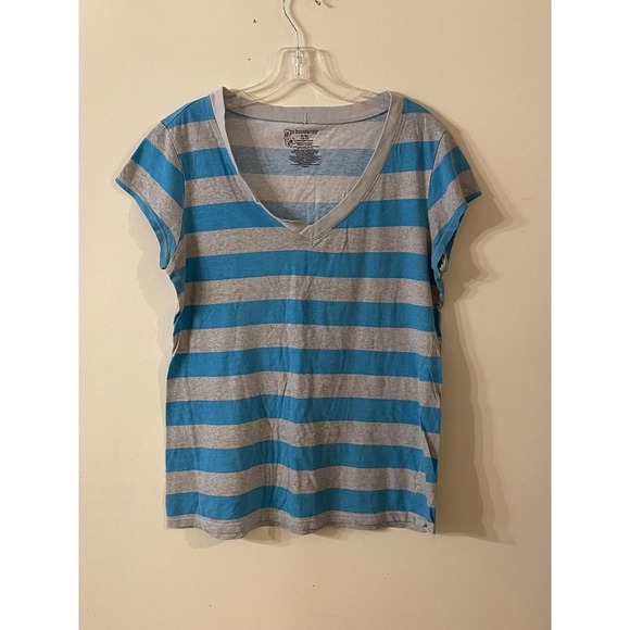 No Boundaries Women's Jrs XL/XG Striped V-Neck T-Shirt Blue Gray Casual Top - Picture 1 of 3